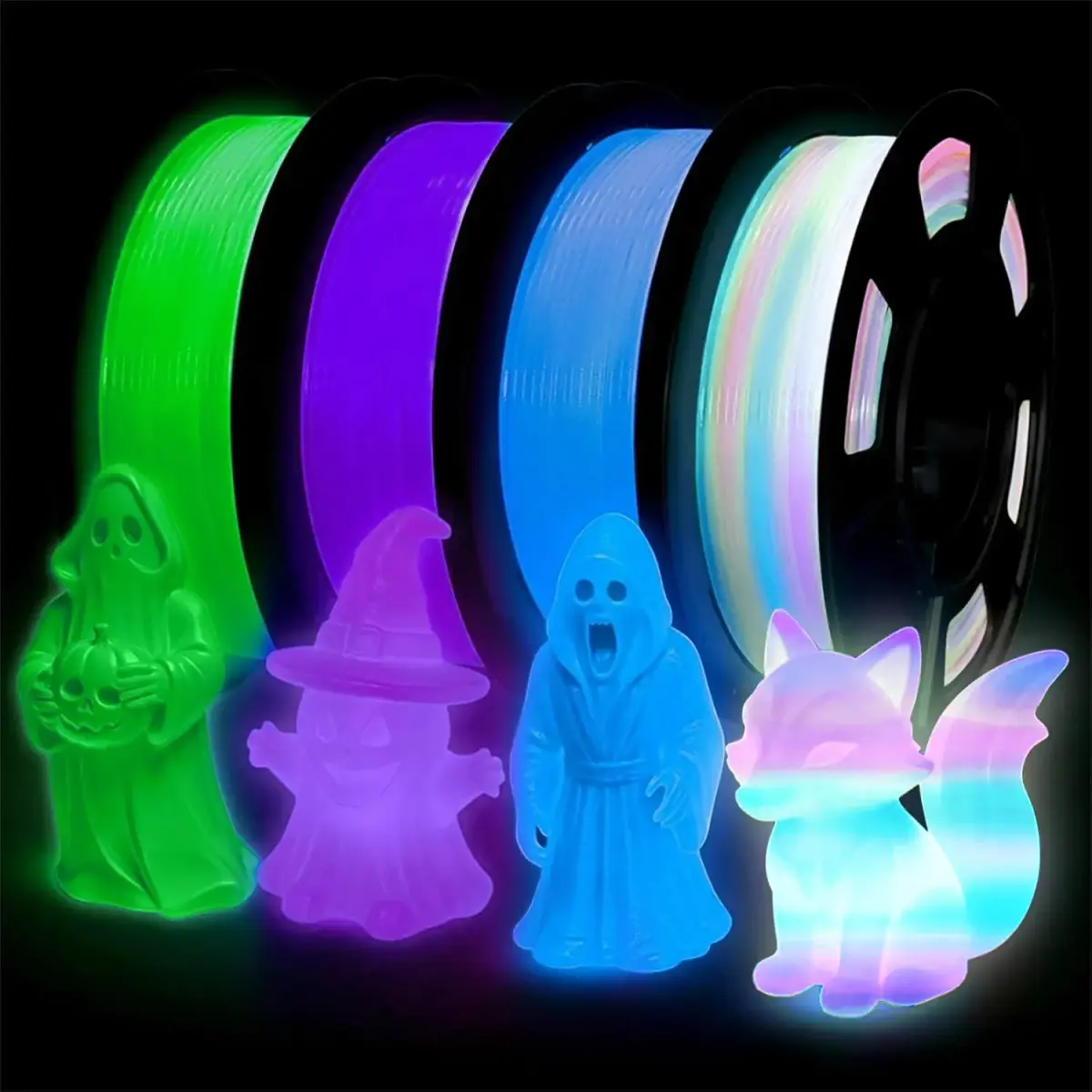Filamento que brilha no escuro, multicolorido, verde, azul, roxo e arco-íris, 250 g, filamento PLA de 1,75 mm, conjunto de filamentos para impressora 3D.