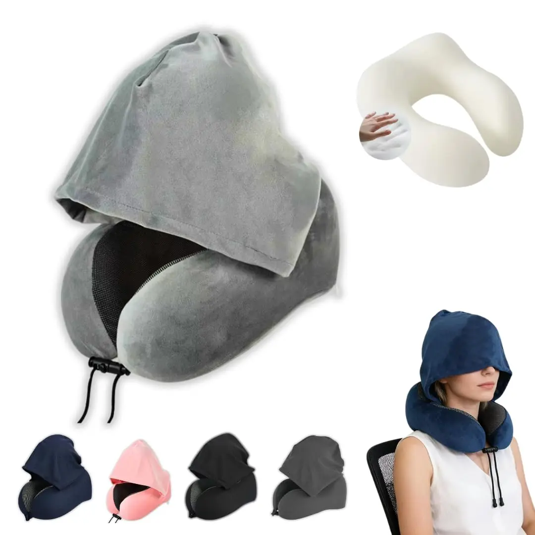 Almofada de Pescoço com Capuz e Espuma de Memória | Cor Cinza Claro | Ergonômica, dobrável e confortável, com capuz para mais privacidade. Ideal para viagens de avião, carro, ônibus e uso diário. - 1