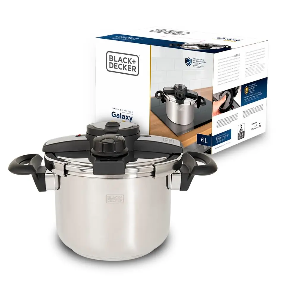 BLACK+DECKER Panela de Pressão 6 litros Galaxy Pro - Corpo em Aço Inoxidável, Tampa com Fechamento Externo, Regulador de Pressão, 7 Travas de Segurança e Base Compatível com Indução