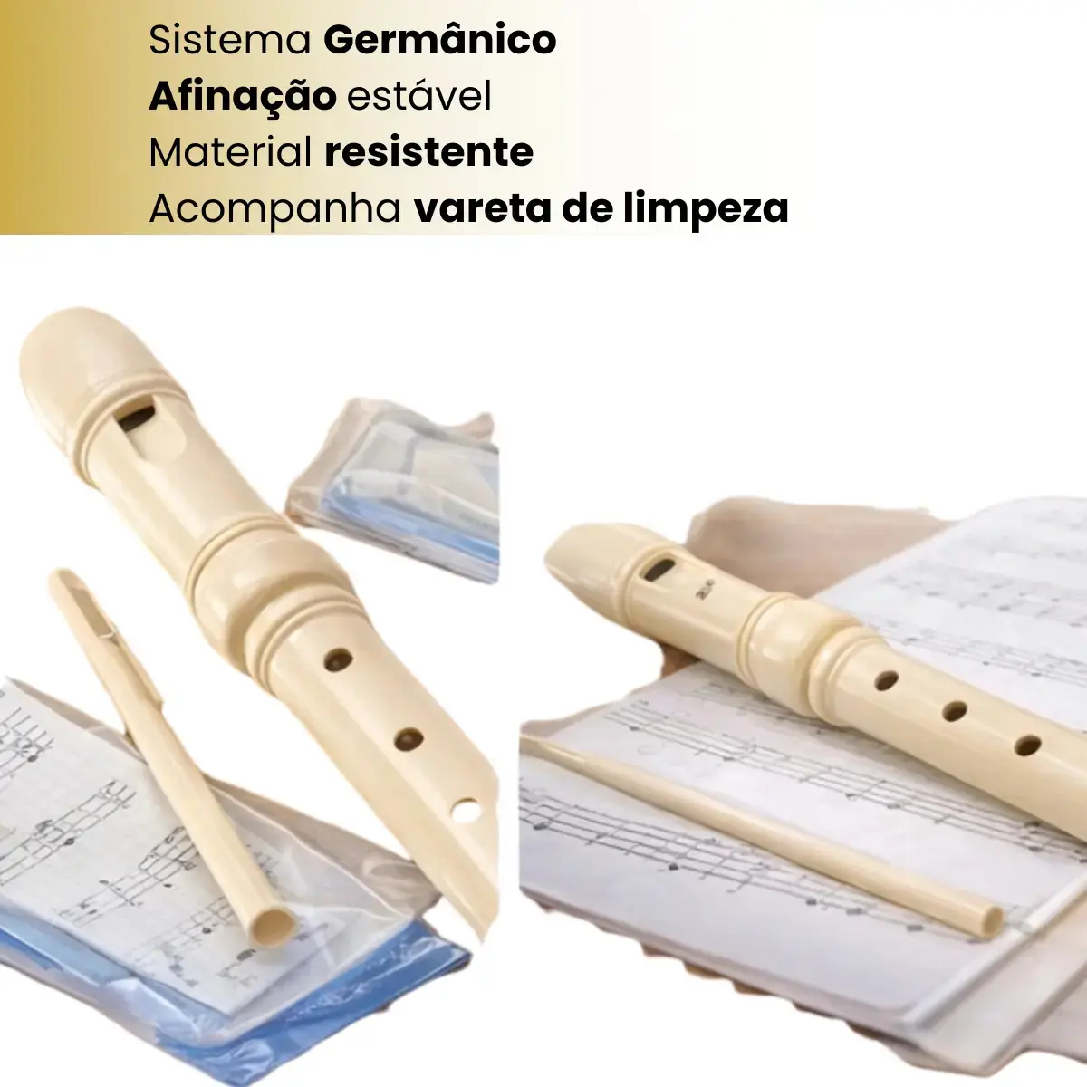 Flauta Doce Germânica Soprano Alemã com Bag e Vareta De Limpeza Cor Creme thumbnail 4