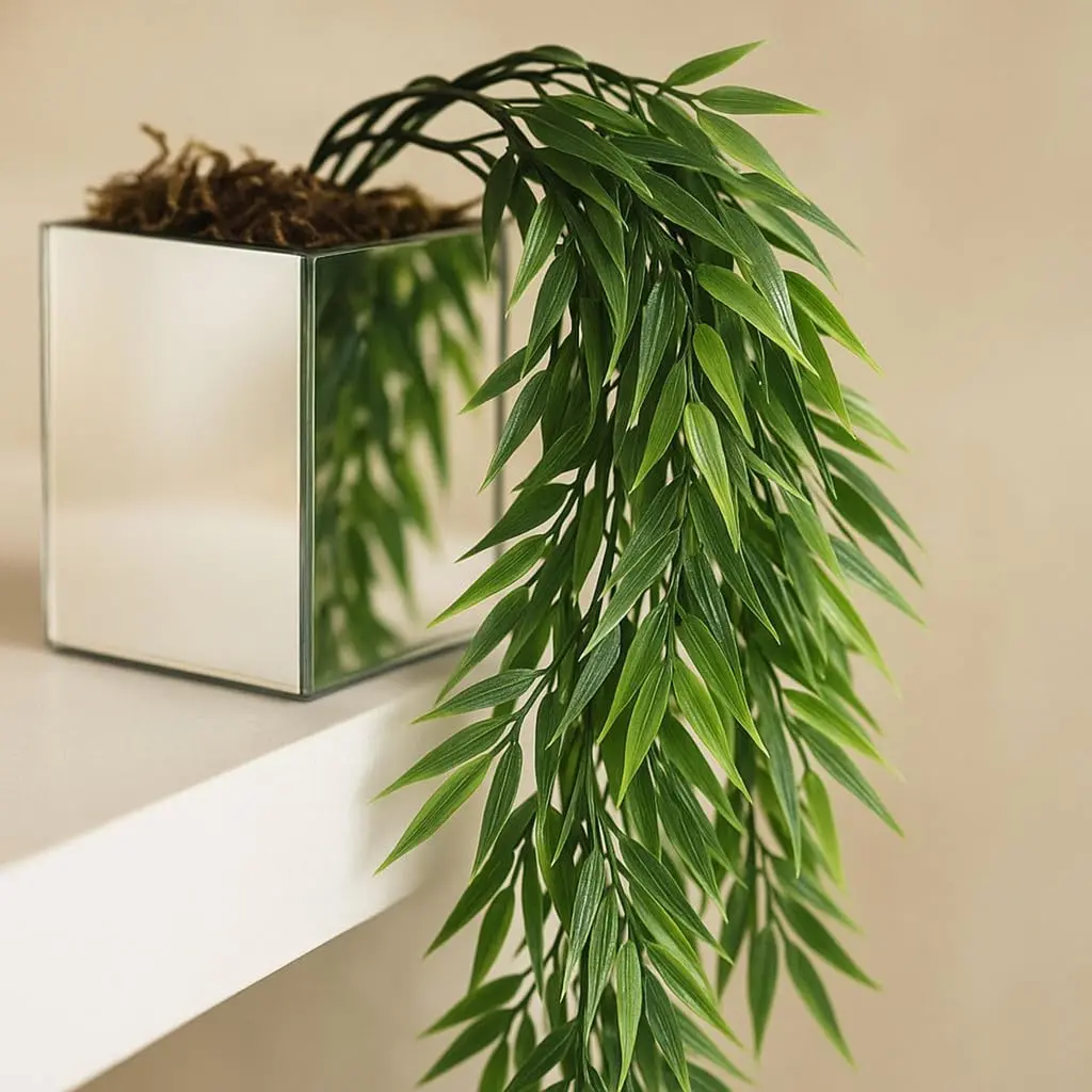 Planta Pendente Artificial de Bambu com Vaso Quadrado Espelhado para Sala Escritório Prateleira e Recepção