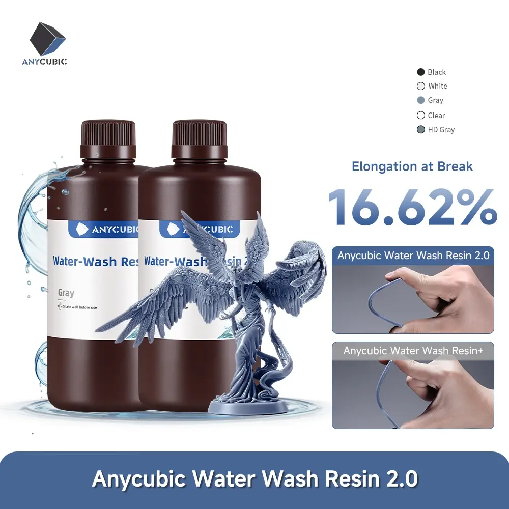 Resina de lavagem de água ANYCUBIC para impressora 3D LCD de alta precisão, baixo odor, baixa viscosidade, impressão 3D, fotopolímero padrão