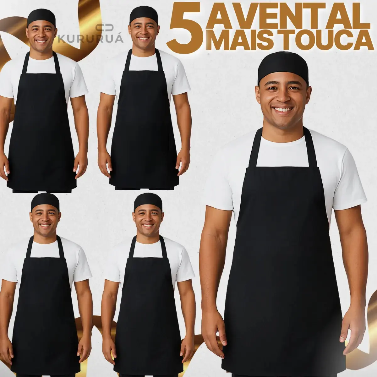 Kit 05 Avental Liso Cozinha Garçom Restaurante Uniforme Preto Profissional Unissex Kururuá