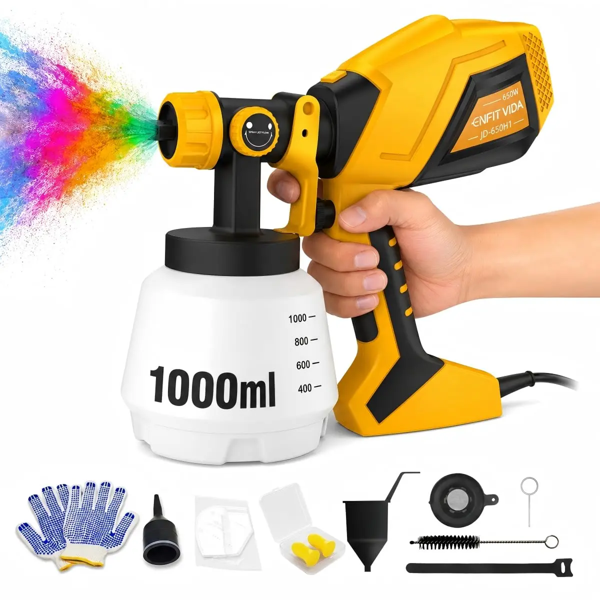 Pistola de Pintura HVLP Portátil 650W 220V, Reservatório 1000ml,Cabo 2m com 3 Bicos Latão 1.0/1.8/2.5mm Pulverizador Elétrico de Tinta 3 Modos de Jato para Móveis Paredes Automotivo DIY Decoração Casa
