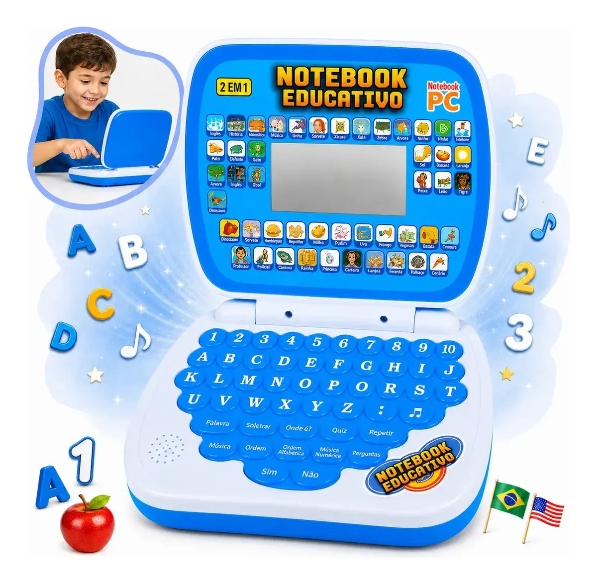 Laptop Notebook Infantil Educativo Menino Menina Estudo Bilingue Inglês Português Notebook Presente Kizumba Cor Azul