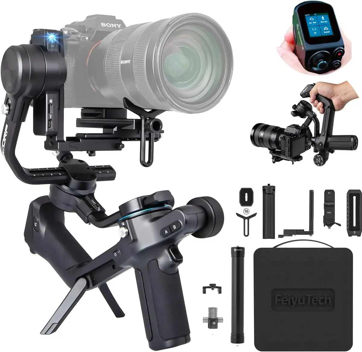 Estabilizador Gimbal FeiyuTech SCORP 2 KIT para Câmeras DSLR e Mirrorless, Rastreamento de IA Integrado,Peso Máximo de 2,5 kg, Tela Sensível ao Toque, Gravação Vertical Nativa com Estojo