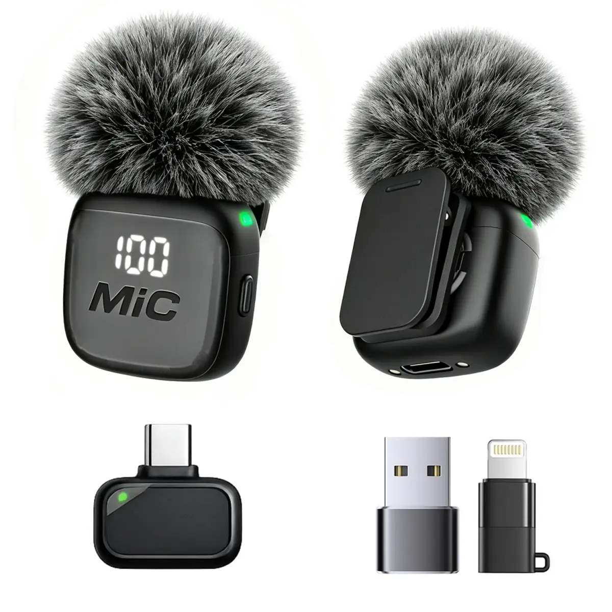 Microfone Lavalier Sem Fio, Mini Microfone, Protetor Contra Vento, Tipo-C com Adaptador Lightning e USB, para Telefones, Tablets, Laptops, Computadores