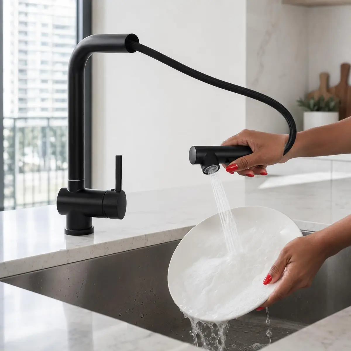 Torneira Cozinha Extensivel Preta Fosca Gourmet Monocomando com Ducha Extensível 360° para Água Quente e Fria - 1