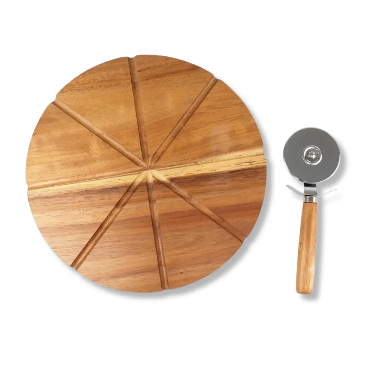 Kit Tábua de Corte para Pizza com Divisórias 24x24cm + Cortador em Inox – Bambu Natural, Corte Perfeito e Estilo na Mesa