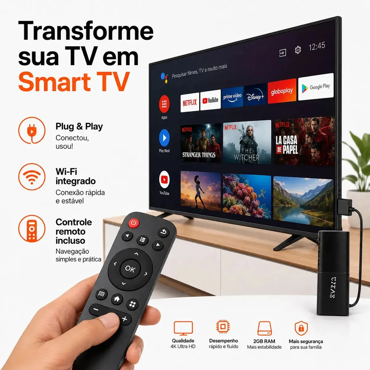 Tv Stick 4k Android Chromecast Smart Hdmi Wifi Ao Vivo Preto Padrão thumbnail 7