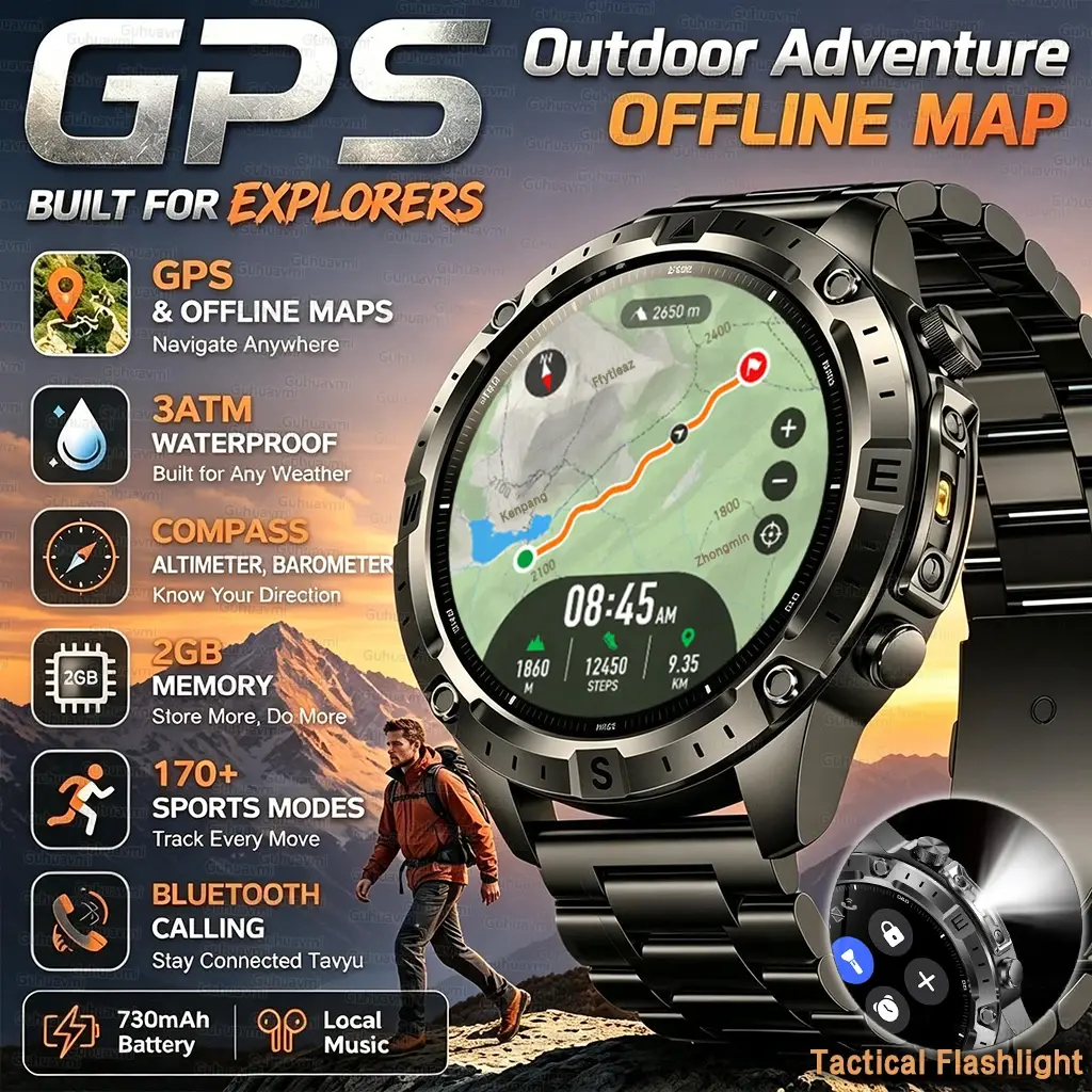 Novo Relógio Inteligente GPS para Atividades ao Ar Livre com Mapa Offline para Homens, 3ATM à Prova d'Água, 170+ Esportes, Bússola LED, Altímetro, AMOLED, Chamada Bluetooth - 1