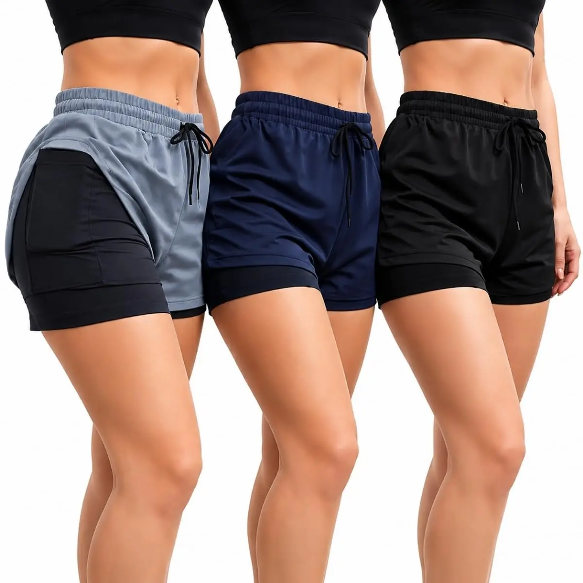 Kit 3 Shorts Feminino 2 em 1 Compressão Dry Fit Fitness | Proporciona conforto, segurança e liberdade de movimento para academia, corrida, caminhada e treinos esportivos.