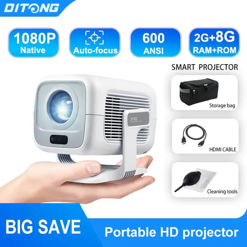 Projetor DITONG X3Plus HD Nativo 1080P com Suporte 4K WIFI6 BT5.4 Android Mini Projetor Portátil LED para Home Theater