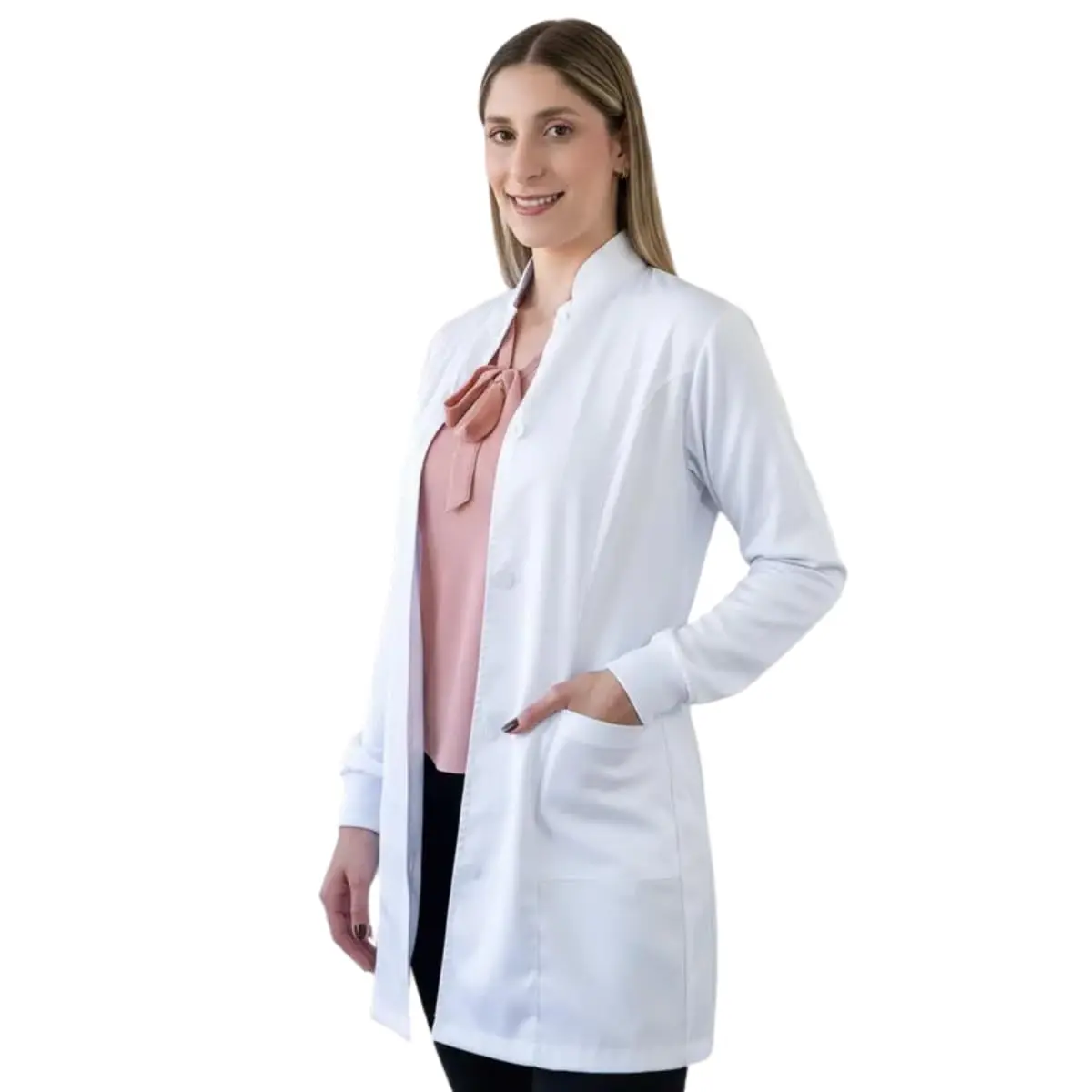 Jaleco Médico Feminino Branco, Manga Longa, Gola Alta com Botão, Profissional de Saúde - 1