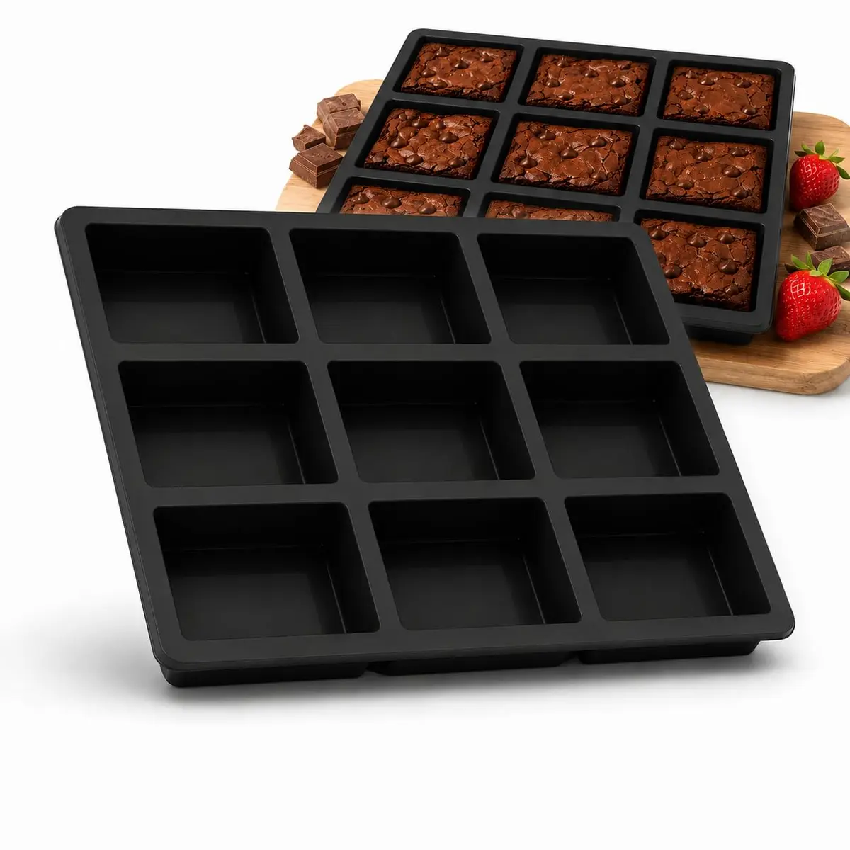 Forma de Silicone Retangular 9 Cavidades Antiaderente para Brownie, Chocolate, Sabonete Artesanal, Gelo, Mini Bolo e Sobremesas | Resistente até 230°C e -40°C (Preto)