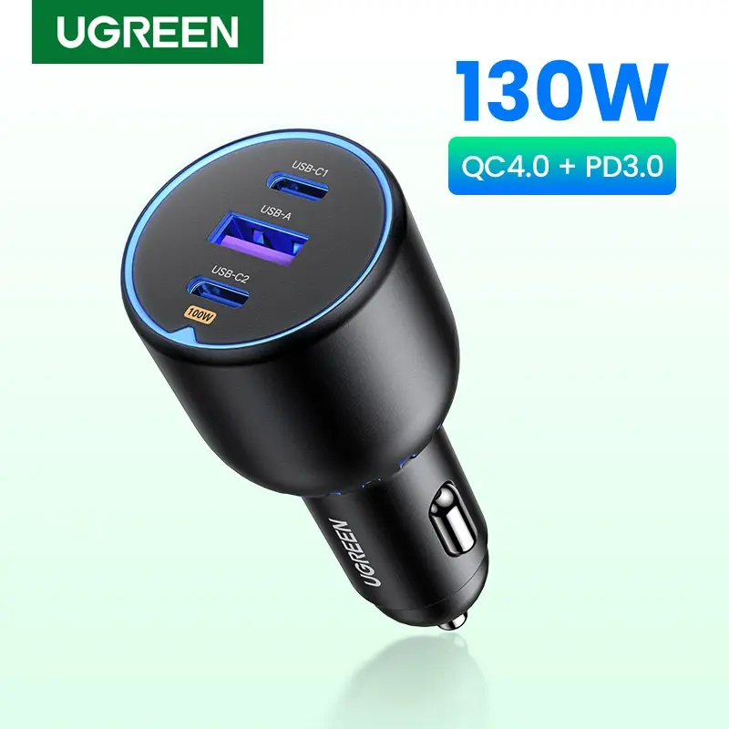 UGREEN Carregador de carro rápido USB-C de 130 W para Xiaomi, iPhone 18, Samsung Galaxy S25 e laptops, com carregamento rápido PD3.0, carregador de carro USB tipo C.