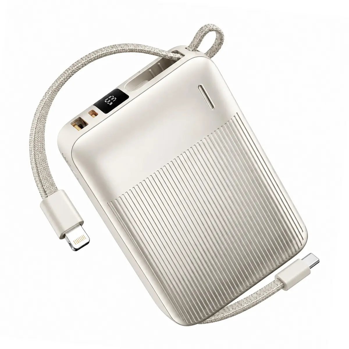 Basike Power Bank 20000mAh, Carregador Portátil 2 Cabos USB-C e Lightning | Carregamento Rápido, USB-C (máx. 22,5 W, PD) + USB-A (máx. 22,5 W QC), Display LED e Proteção Inteligente (Champanhe Claro)