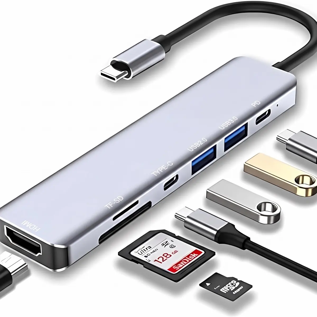 Adaptador Hub USB-C 7 em 1 com HDMI 4K, Leitor Cartão SD MicroSD, PD 100W | Para Notebook, MacBook, iPad e Celular, Plug and Play, 12 cm e 55 g, Carga Pass-Through - 1