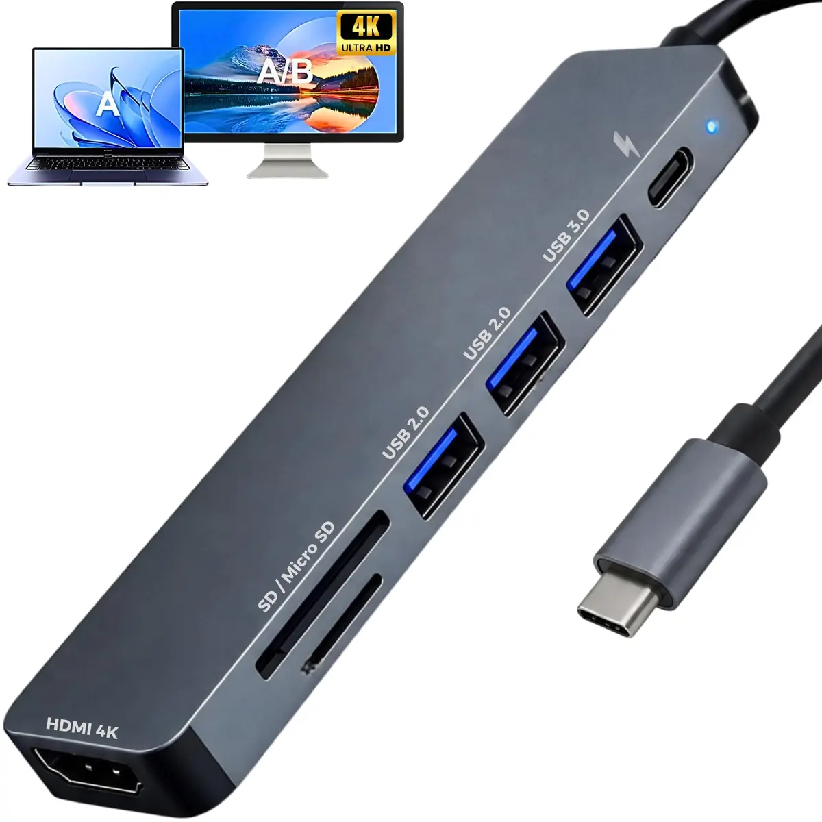 Hub USB-C 3.0 Extensor Adaptador Multifunções 7 em 1 - Estrura em Alumínio | 1x HDMI 4K, 1x USB 3.0, 2x USB 2.0, 1x PD 100W, 1x Leitor de Cartão SD/TF - Para Macbook, Notebook, Ipad, Dex - Plug & Play