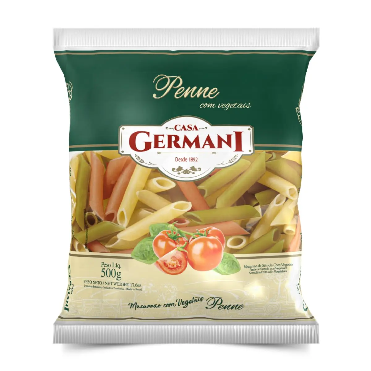 Macarrão Tipo Penne de Vegetais Casa Germani, Verde, 500g | Massa de Sêmola, Receita Caseira desde 1892, Ingredientes Naturais Selecionados