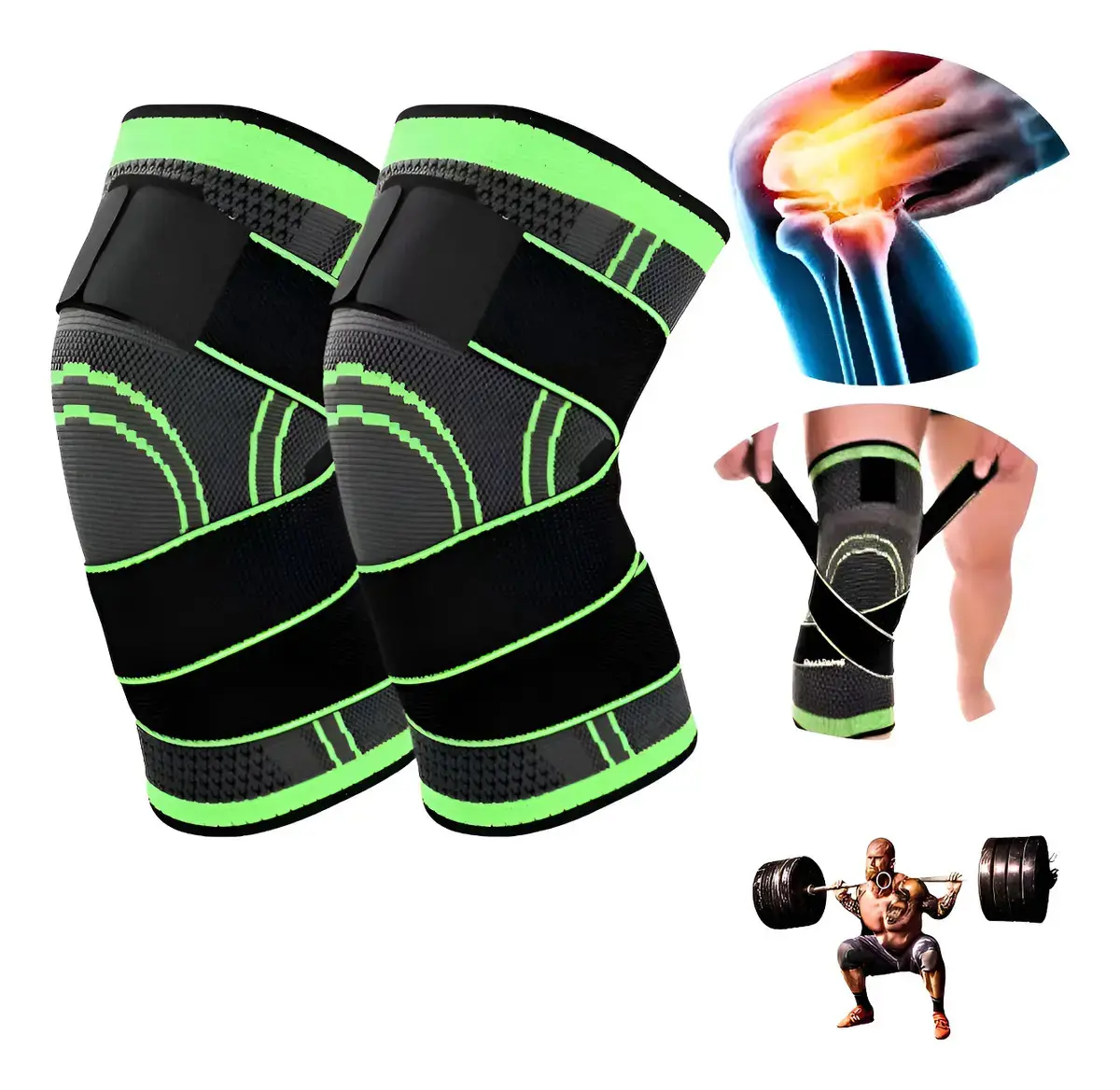 Kit 2 Joelheiras Esportivas Redfin de Compressão em Neoprene para Academia Treino Corrida Musculação Esportes Suporte e Proteção Confortável Ajustável Preto e Verde - 1