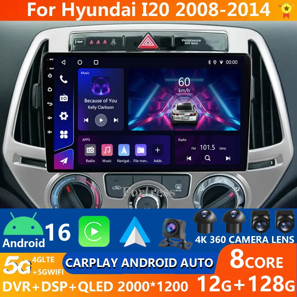 Android 16 para hyundai i20 2008 2009 2010 2011 2012 2013 2014 reprodutor de rádio multimídia carro esposa + 4g dsp tela toque carplay auto - 1