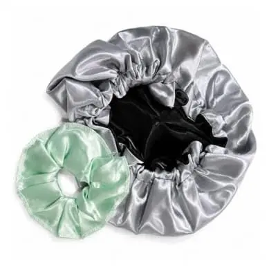 Kit Touca de Cetim Dupla Face Ajustável + Scrunchie de Cetim – Proteção Anti-Frizz, Ideal para Dormir, Cabelos Crespos, Cacheados e Lisos, Confortável e Estiloso - Cores Sortidas