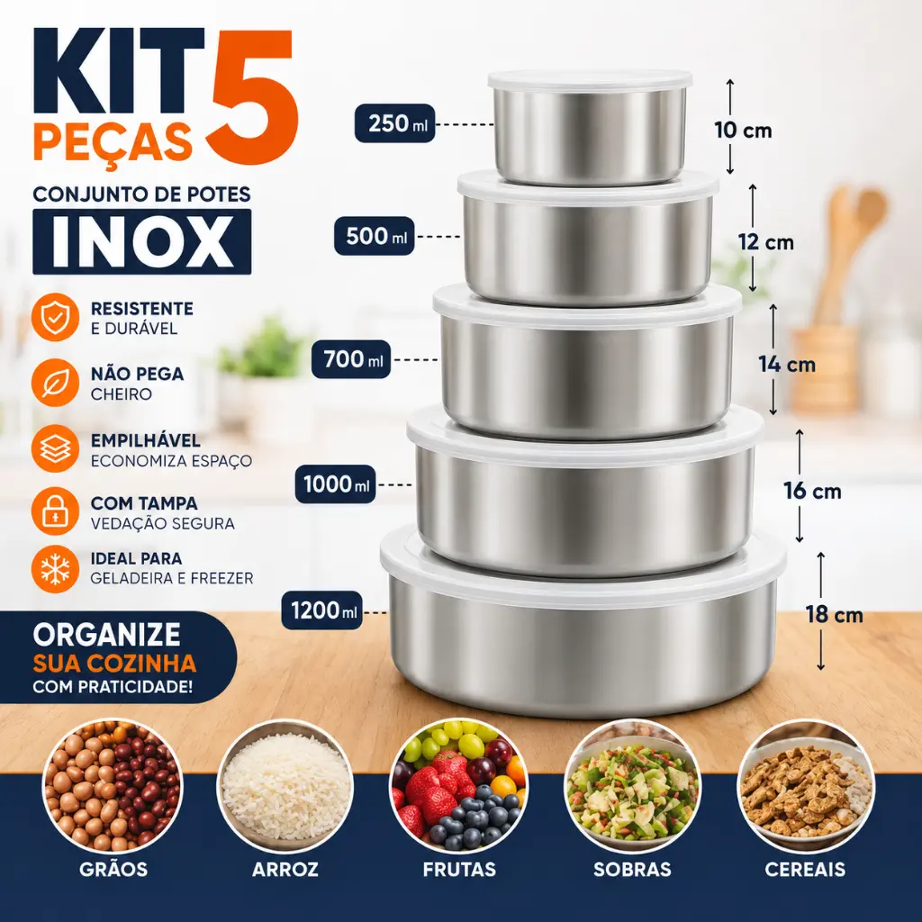 Kit 5 Potes Inox Com Tampa Redondo Porta Alimentos Cozinha Jogo Organizador Cozinha - 1