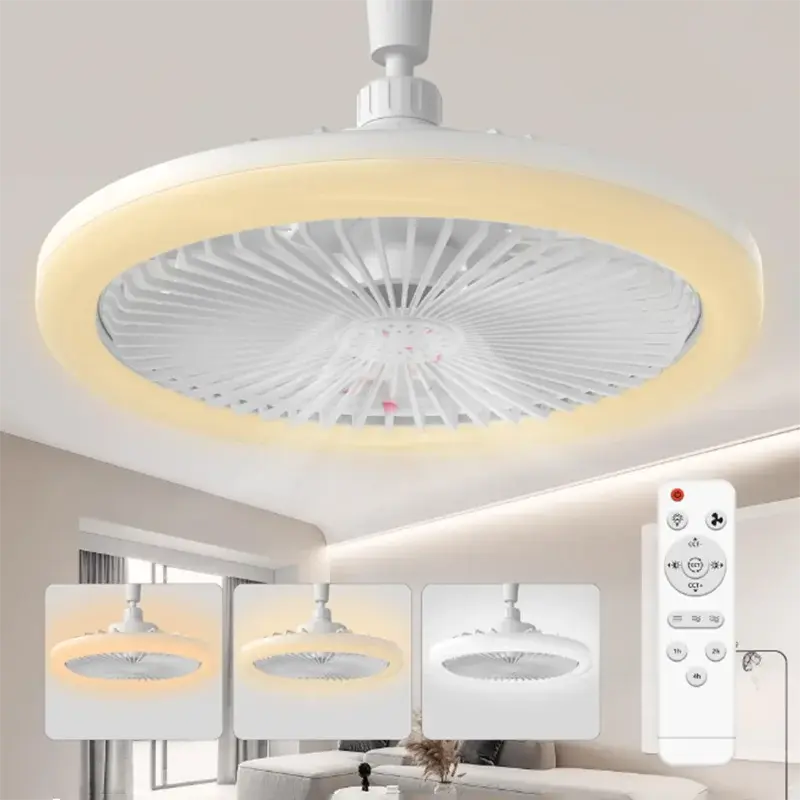 Ventilador de Teto Moderno Pequeno com Luz LED E27 D25cm, Controle Remoto Inteligente, Lâmpada para Quarto, Estudo, Cozinha, Decoração de Casa