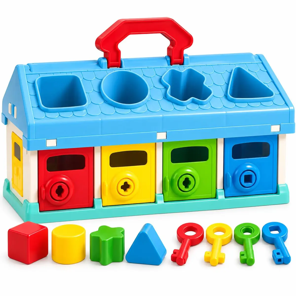 Brinquedo Casa de Encaixe de Formas com Chaves e 4 Portas Coloridas | Para Crianças, Peças Incluídas, Plástico Resistente, Super Colorido
