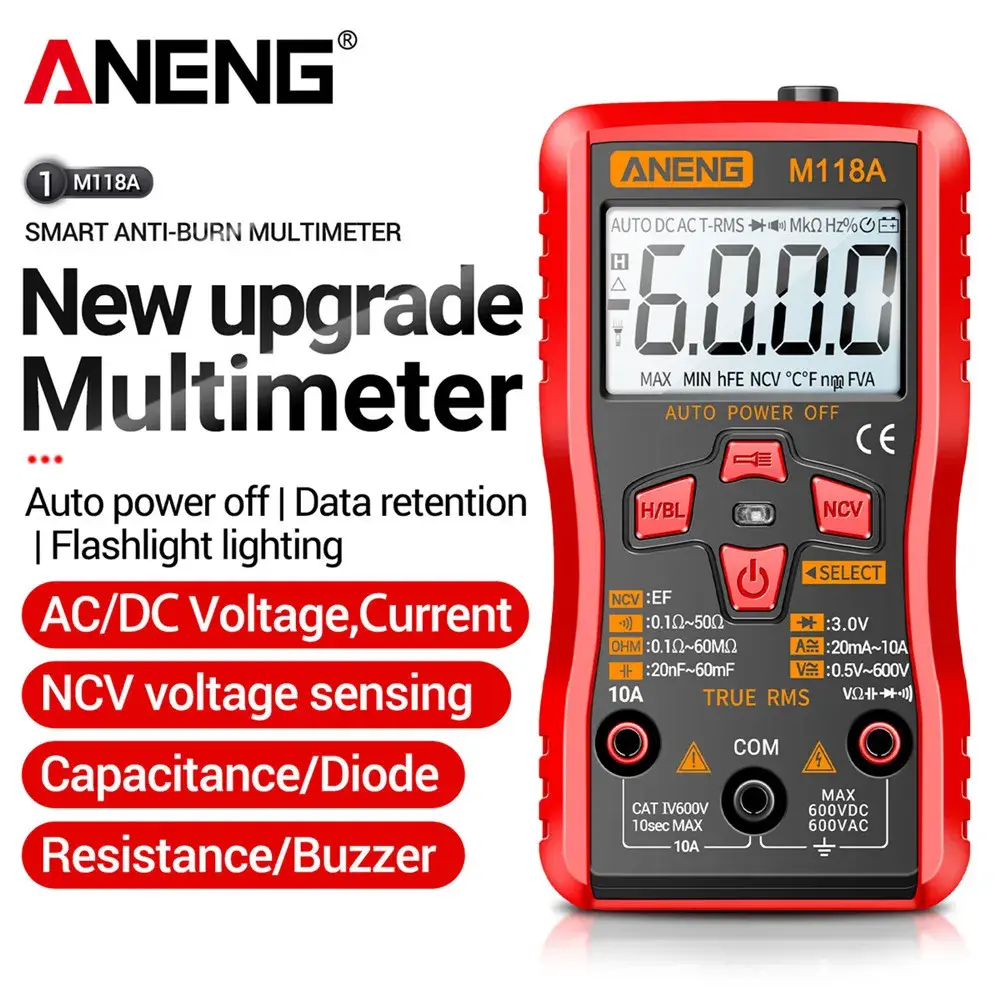 Mini multímetro digital testador automático mmultimetro aneng m118a true rms tranistor medidor com ncv retenção de dados 6000 contagens lanterna - 1