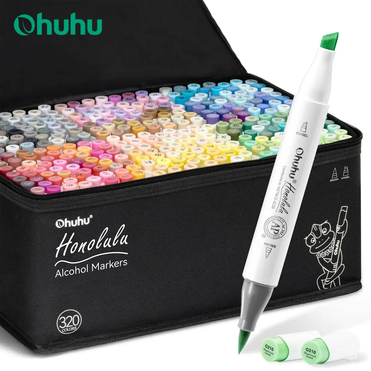Ohuhu Honolulu Conjunto de canetas marcadoras de 320 cores, marcadores de arte com álcool, pontas duplas recarregáveis, esboço, desenho, mangá, material escolar de arte