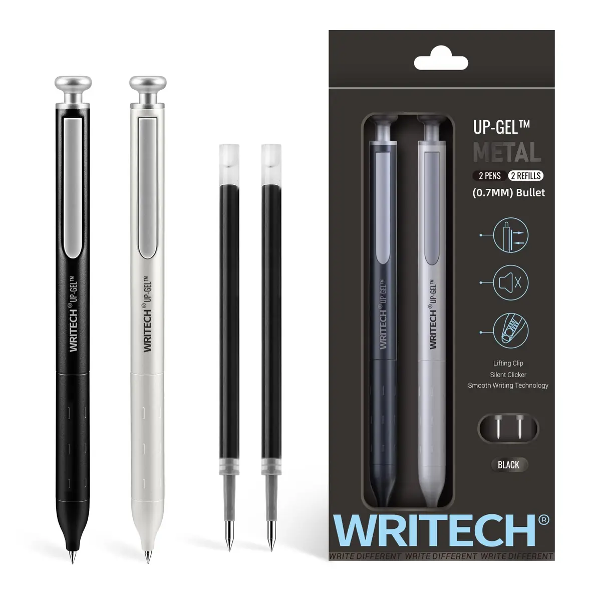WRITECH Canetas de gel ponta fina: Barril de metal premium retrátil 0,7 mm caneta de tinta preta 2 ct com 2 refis sem manchas e sangramento secagem rápida escrita suave clique silencioso luxo up-gel - 1