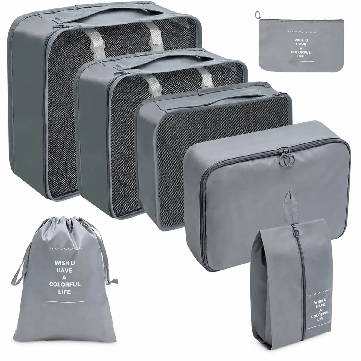 Kit Organizador de Mala 8 Peças Packing Cubes com Compressão Porta Sapatos Necessaire Transparente Roupas Sujas para Viagem (Cinza 7 peças) - 1
