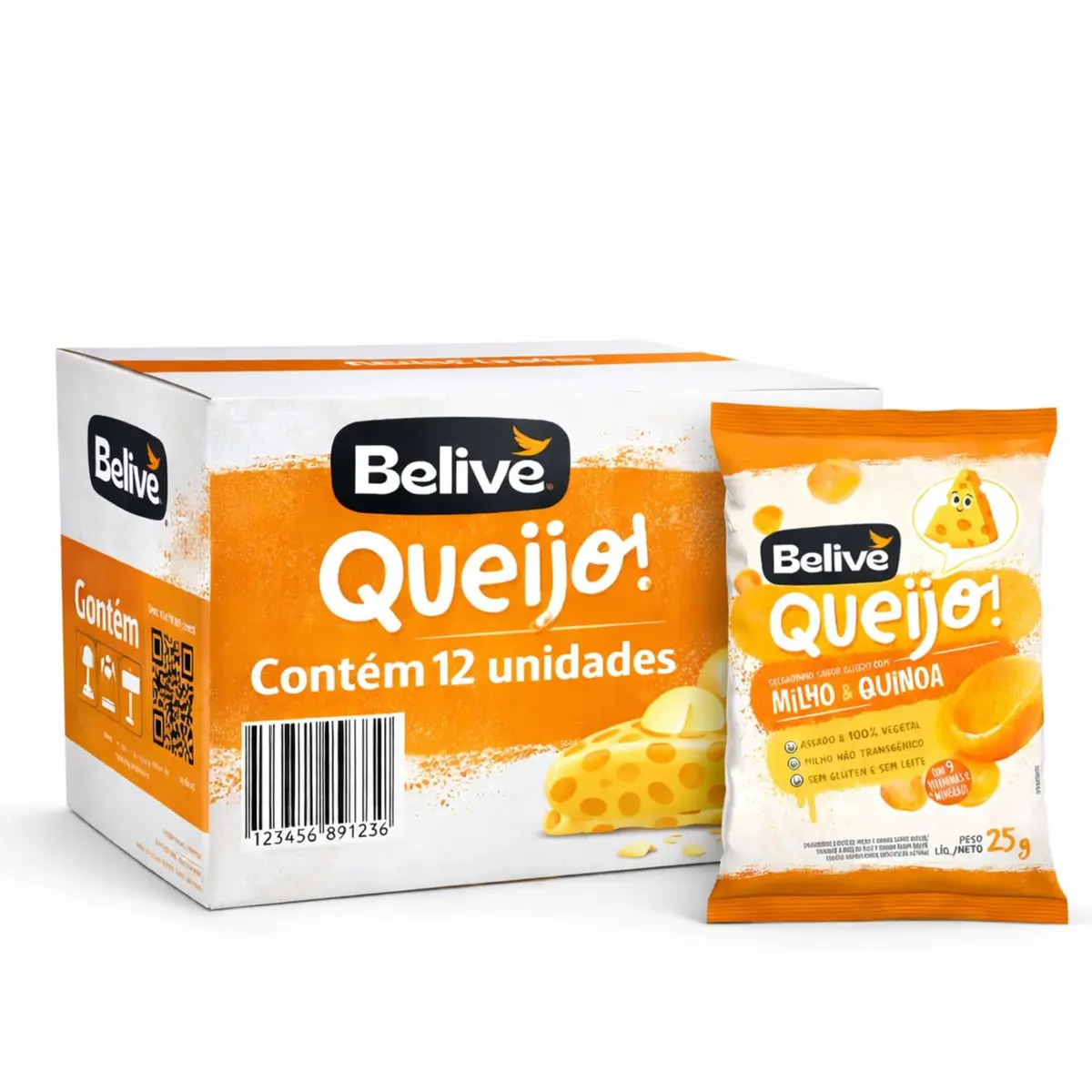 Kit Salgadinho BELIVE Sabor Queijo Sem Glúten 25g c/12 pacotes – Snack Assado, Crocante e Prático para Lanche