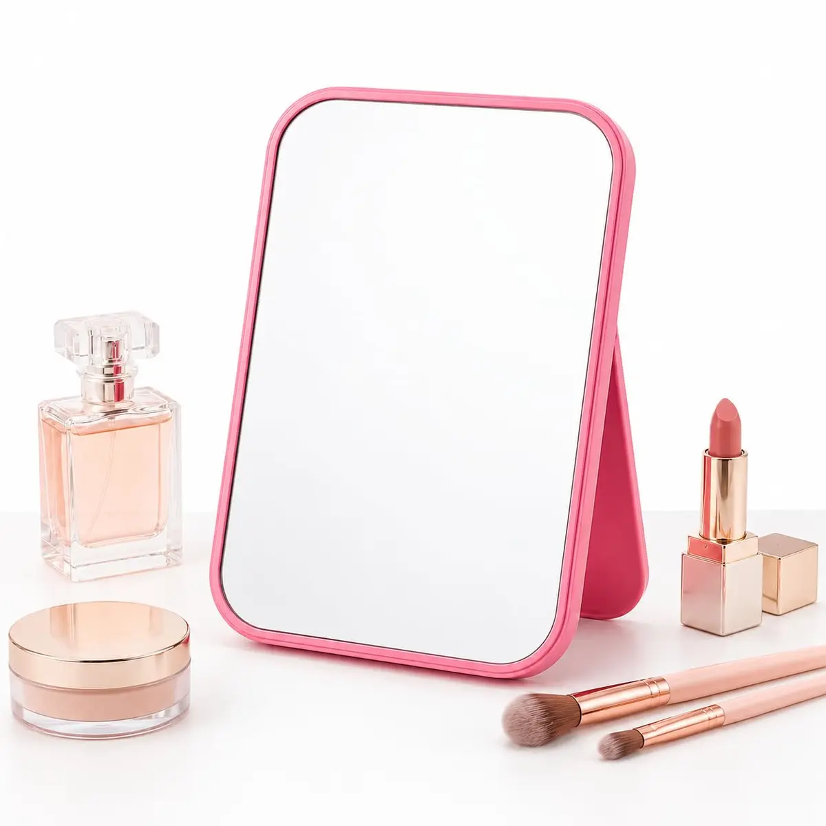 Mini Espelho para Make Rosa 21x14cm, Espelho de Mesa Ajustável em PP e Vidro, Compacto para Penteadeira, Banheiro, Quarto, Skincare, Retoques, Cuidados Faciais e ViagemVidro HD, Cantos Arredondados - 1
