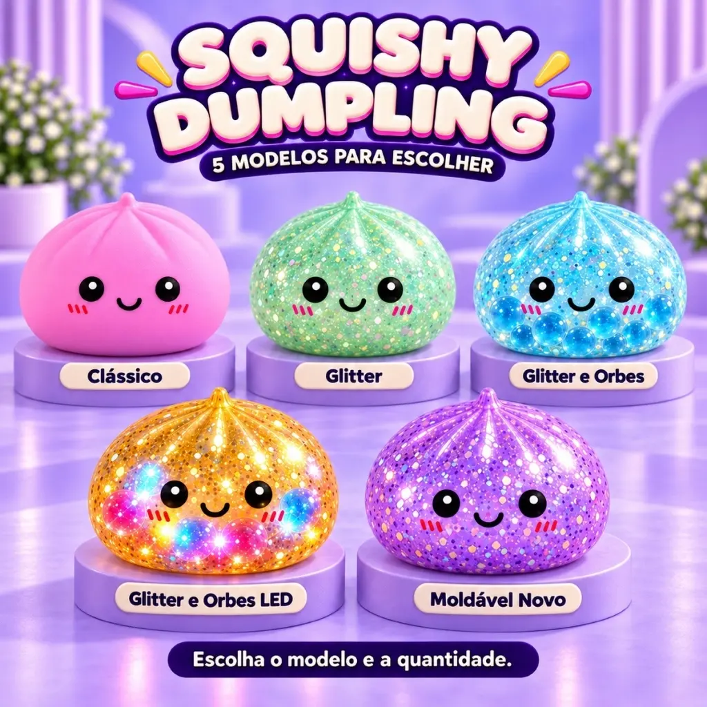 Brinquedo Squishy Dumpling Bolinho Fidget Sensorial Antiestresse - Modelos Clássico, Glitter, Bolinhas e Led, de Gel - 1