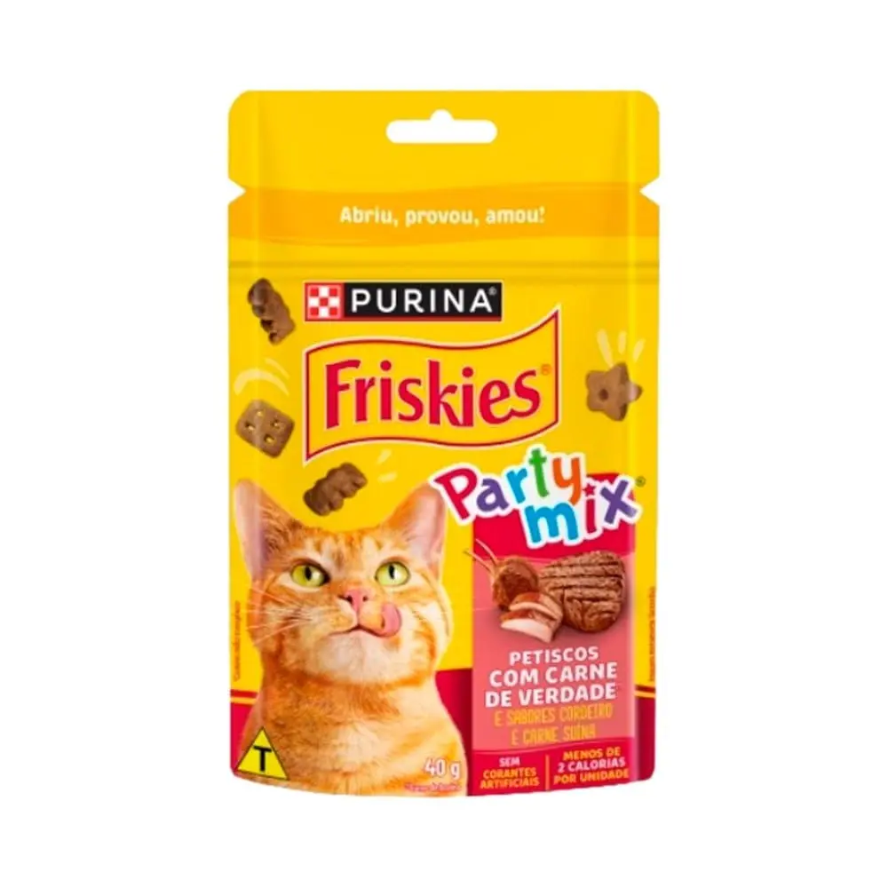 FRISKIES® PARTY MIX Petisco para Gatos Adultos Carne, Cordeiro e Carne Suína 40g - Display 15 Unidades