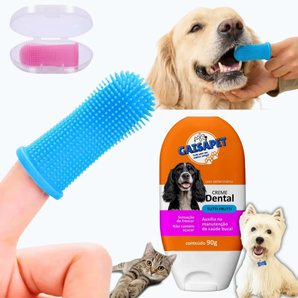 Escova de Dente para Pet Dedeira + Gel Dental Kit Higiene Bucal Cachorro Pasta de Dente Pet
