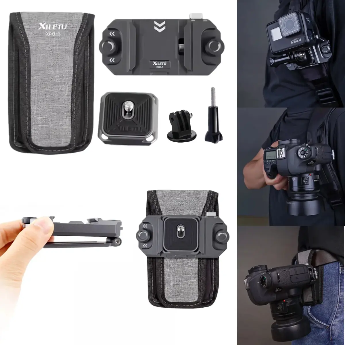 Suporte de Câmera com Placa e Sistema de Liberação Rápida para Câmeras DSLR Sony, Nikon, Fuji e Câmeras de Ação, para Mochila e Alça de Câmera