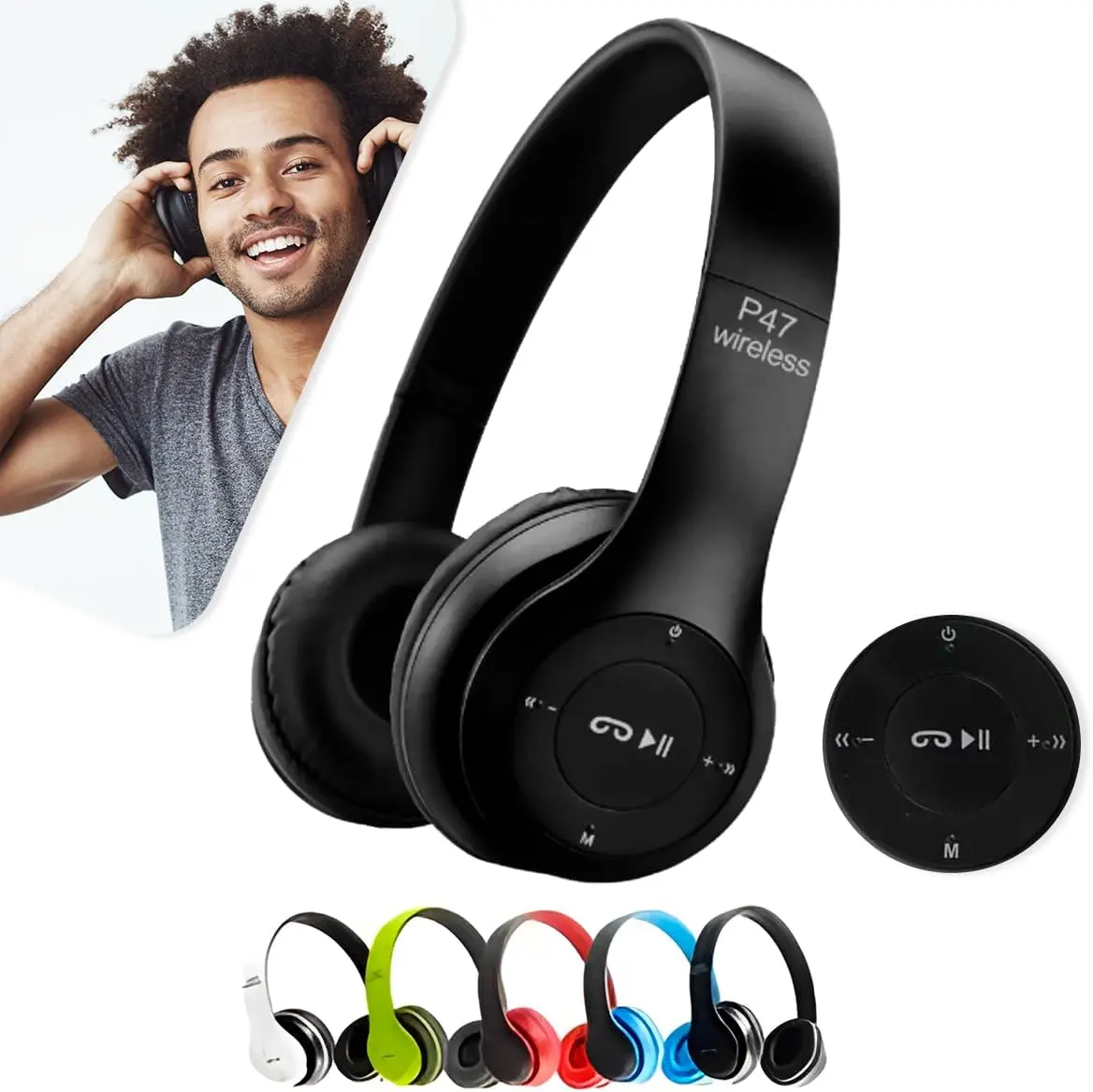 Fone de Ouvido Headphone P47 Sem Fio Bluetooth Wireless Micro Sd 5.0 Dobrável Com Microfone Regulável Para Corrida Academia Escritório Caminhada Linha Premium (Preto) - 1