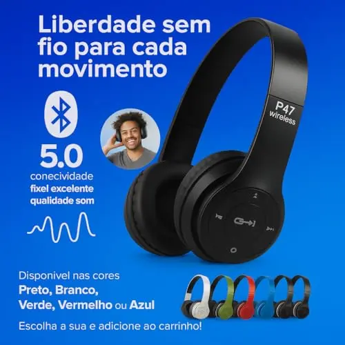 Fone de Ouvido Headphone P47 Sem Fio Bluetooth Wireless Micro Sd 5.0 Dobrável Com Microfone Regulável Para Corrida Academia Escritório Caminhada Linha Premium (Preto) thumbnail 3