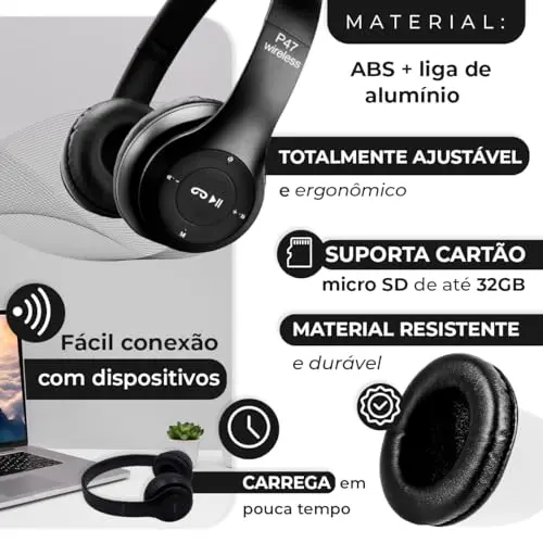 Fone de Ouvido Headphone P47 Sem Fio Bluetooth Wireless Micro Sd 5.0 Dobrável Com Microfone Regulável Para Corrida Academia Escritório Caminhada Linha Premium (Preto) thumbnail 6