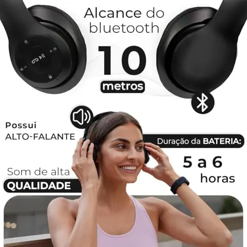 Fone de Ouvido Headphone P47 Sem Fio Bluetooth Wireless Micro Sd 5.0 Dobrável Com Microfone Regulável Para Corrida Academia Escritório Caminhada Linha Premium (Preto) thumbnail 8