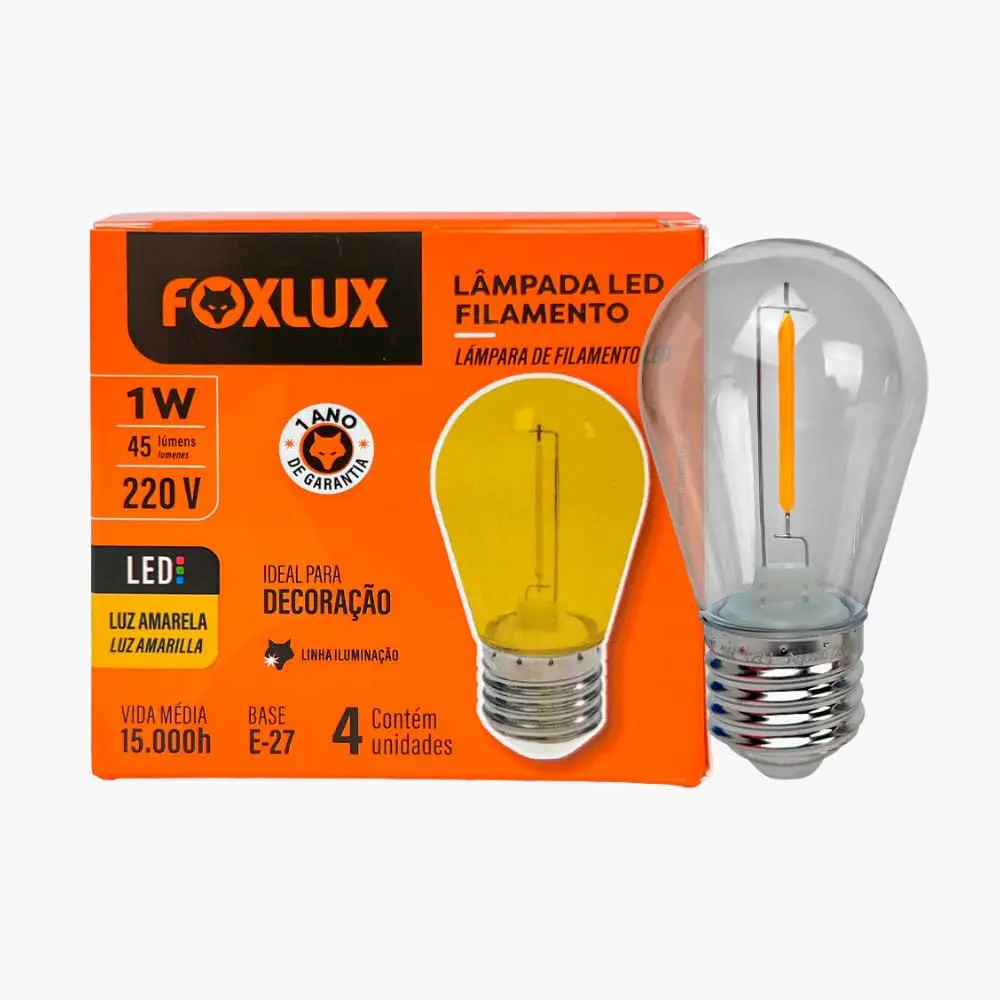 Kit 4 Lâmpadas LED Filamento Foxlux Amarelo 1W E27 220V IP44 Decorativa para Varal de Luz e Festas