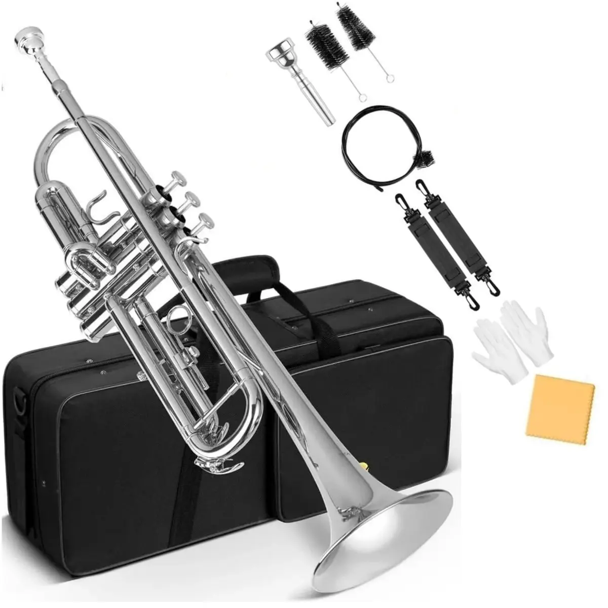 VEDO Conjunto Trompete Standard Bb Student - Trompete de metal Latão para estudantes com bocal rígido 7C e luvas, Estojo Rígido, adequado para iniciantes ou estudantes avançados, orquestras, prata - 1
