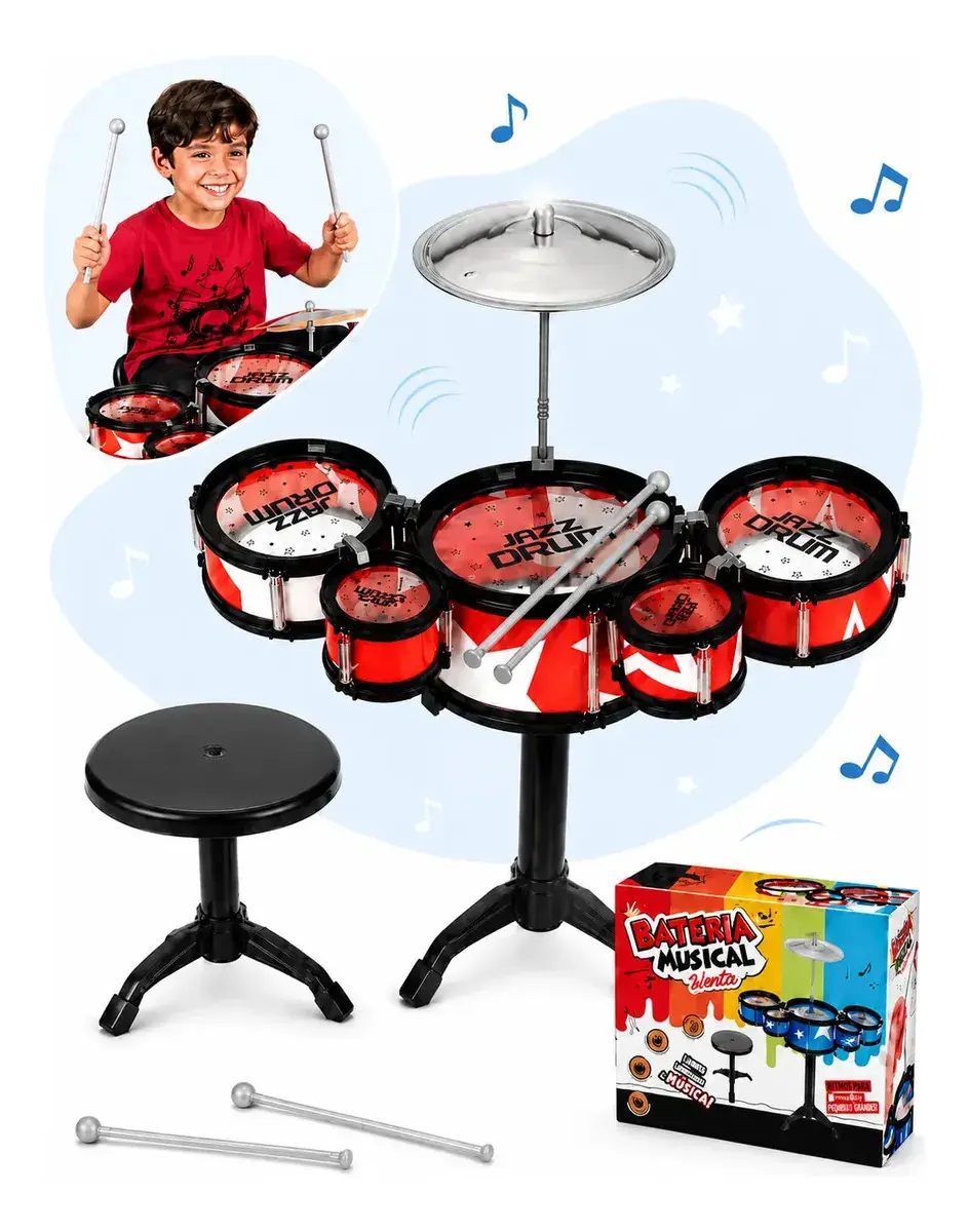Mini Bateria Infantil Completa Com Banquinho Instrumento 5 Tambores Brinquedo Menino Criança Kizumba