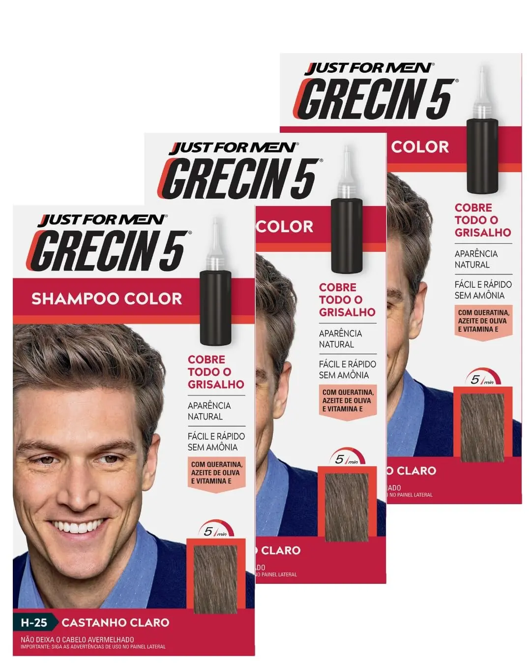 Tintura em Shampoo Grecin 5, Castanho Claro, 60ml | Pack com 3 Unidades