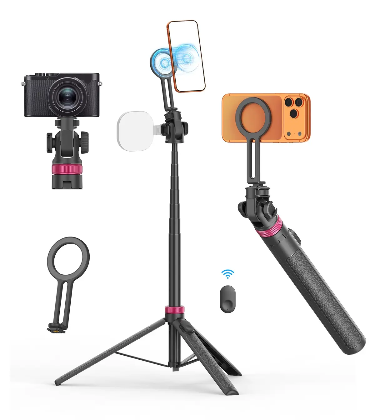 175cm Magnético Tripé para Celular Câmera,Suporte para iPhone/Android Preto | Monopé/Bastão para Selfies/Pedestal,Portátil Suporte para Celular Articulado,Tripe de Mesa para Viagens Fotografia