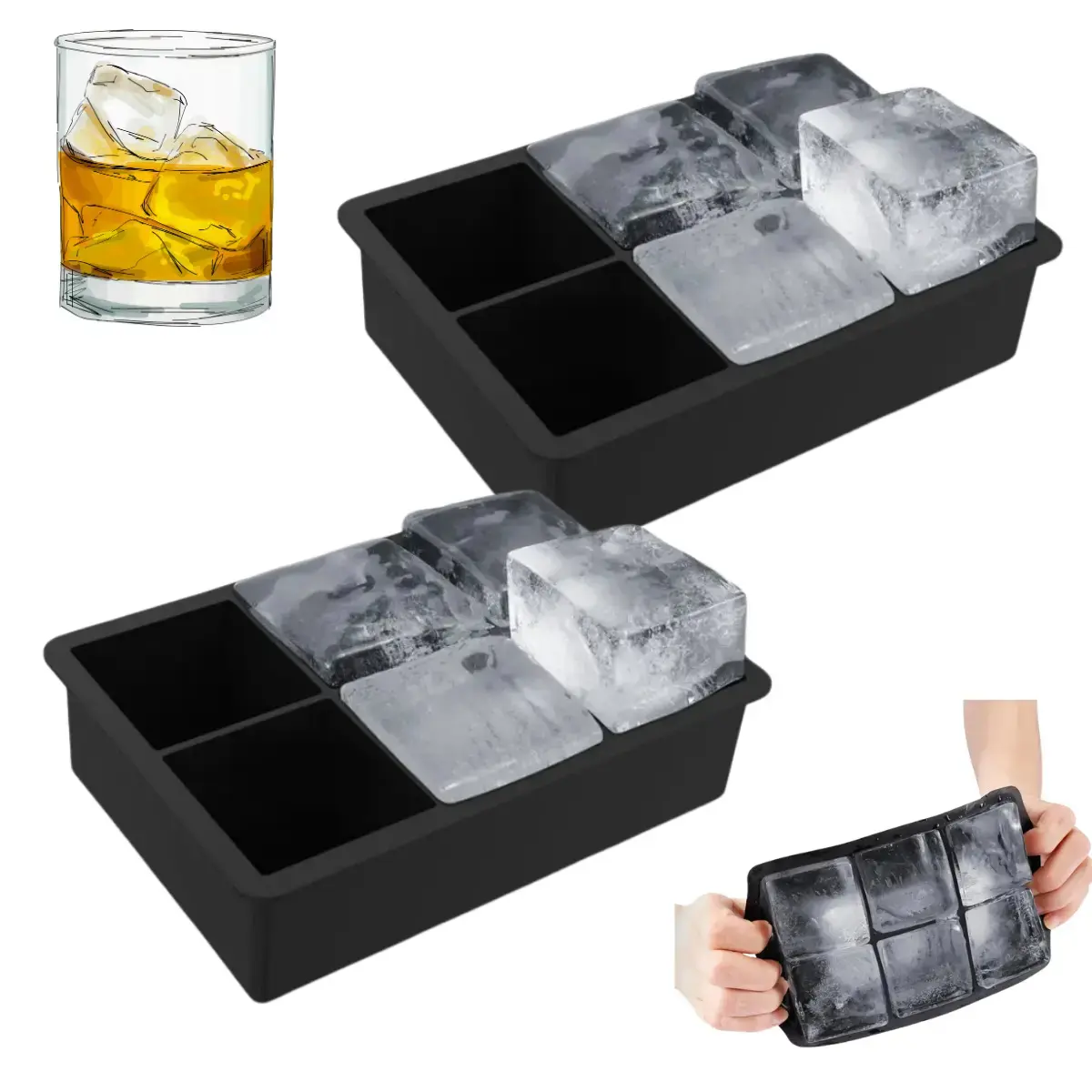 Kit 2 Formas De Silicone Molde Para 6 Gelos Cubos Grandes Negroni Drinks Uísque Bebidas